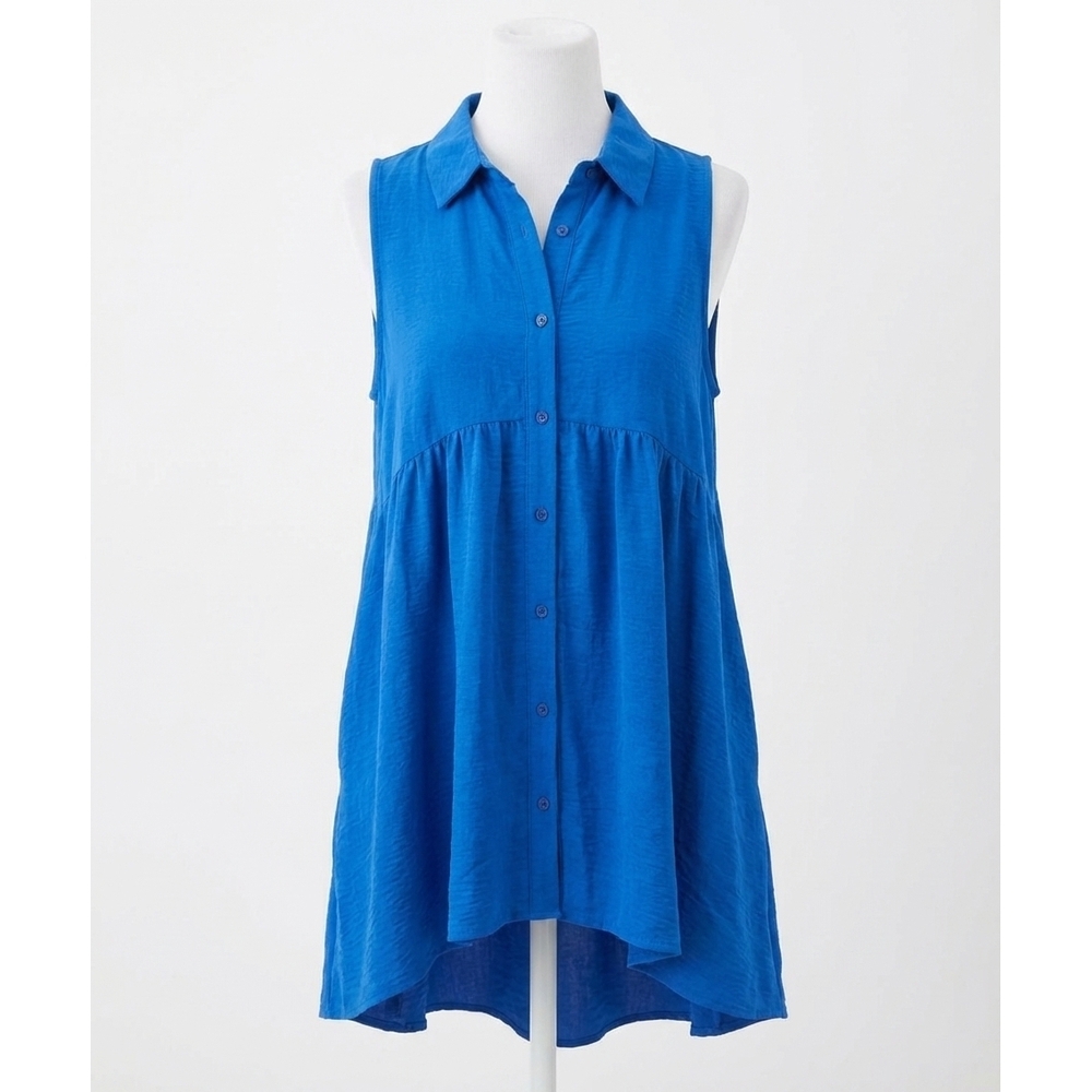 NEW ENTRO collared sleeveless tiered tunic top in colbalt blue